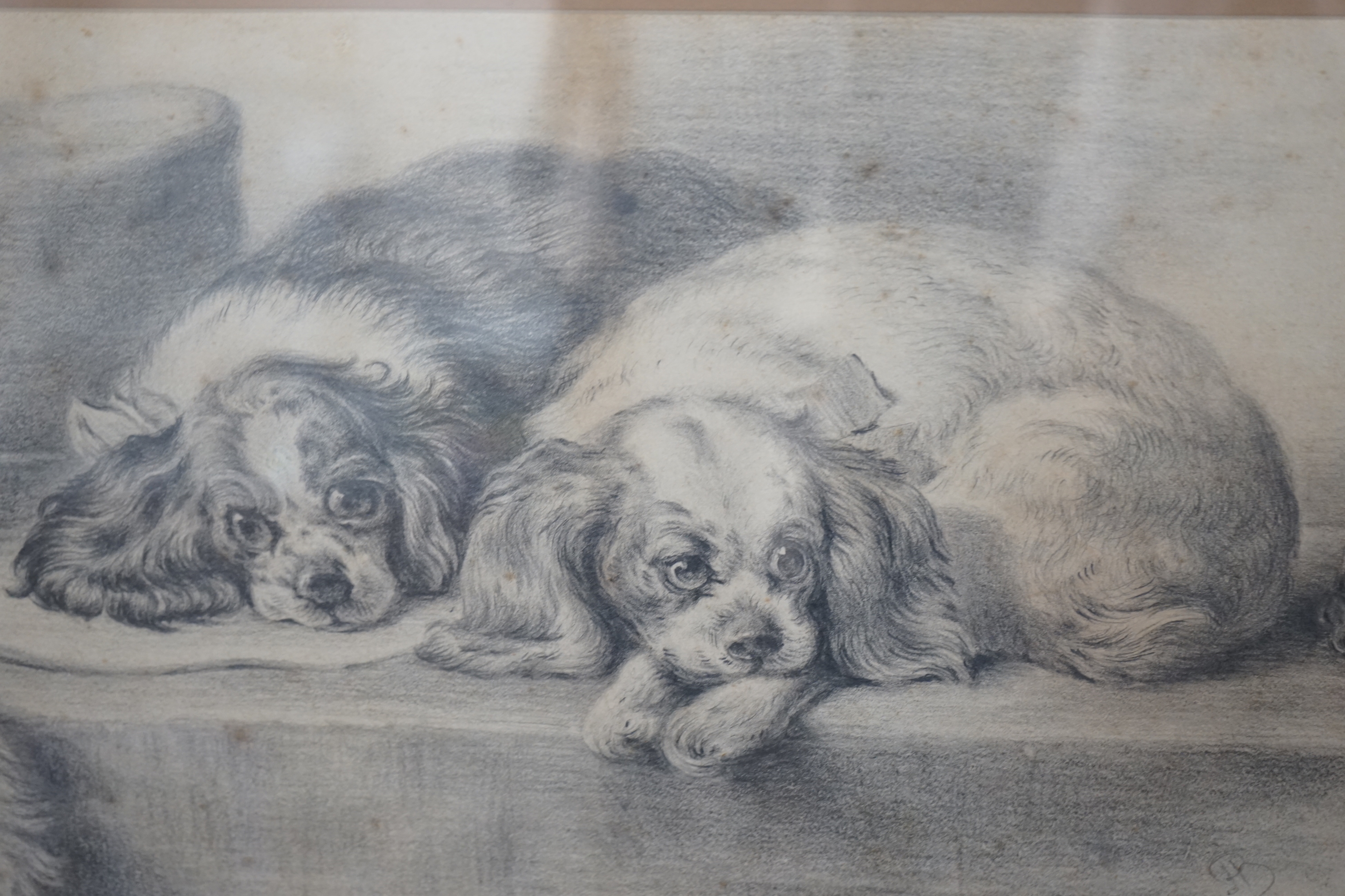 After Edwin Landseer (1802-1873), 19th century pencil drawing, 'Cavalier's Pets', 25 x 45cm